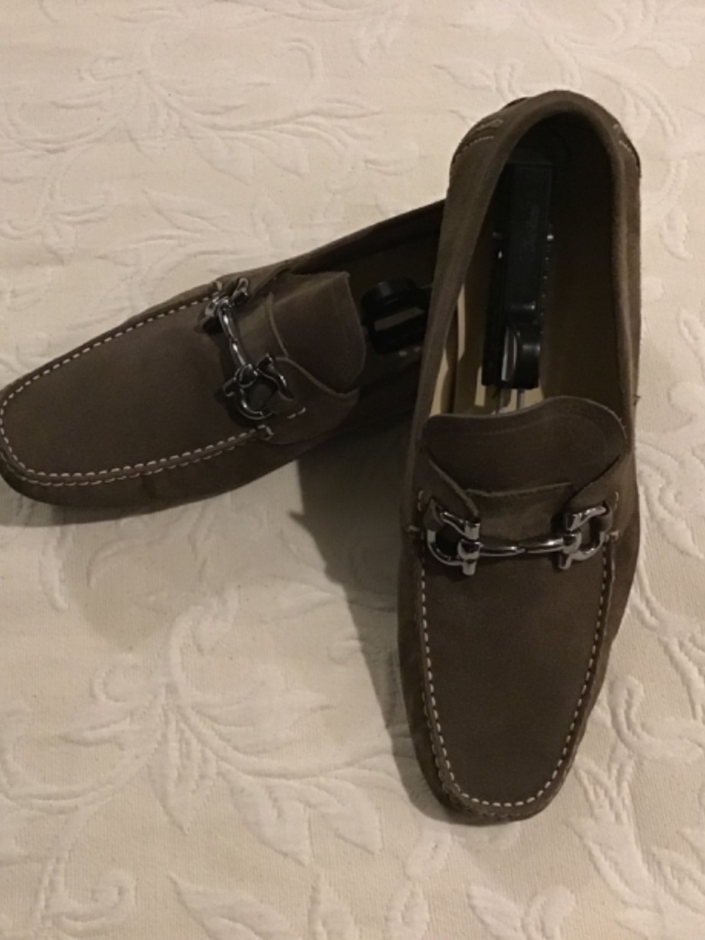 SALVATORE FERRAGAMO Suede Mens Driving Loafers Gancini Tan Size 11.5